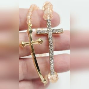 Faceted Champayne Beaded Cross Bracelet Set with Rhinestones and gold accent